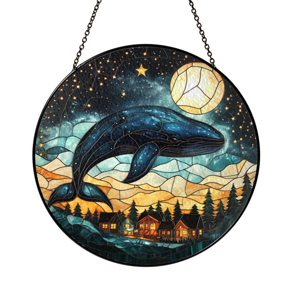 Whale with Night Sky Art Glass Style Decorative Window Hanging
