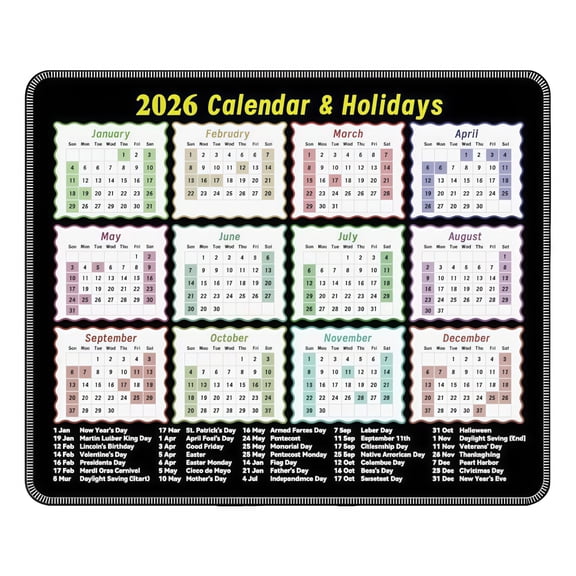 Whaledi 2026 Desk Calendar Mouse Pad with Holiday Marking and NonSlip Rubber Base