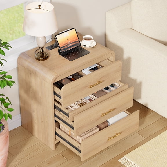 Whalefall Nightstand with 4 Drawers, Mid Century Modern End Table with Charging Station & Hidden Compartment, Wood Curved Bedside Table for Bedroom, Light Oak