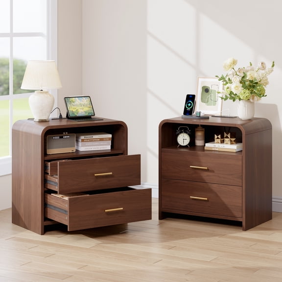 Whalefall Nightstand Set of 2 with 3 Drawers, Mid Century Modern End Table with Open Shelf and Hidden Drawer, Wood Curved Bedside Table for Bedroom, Walnut