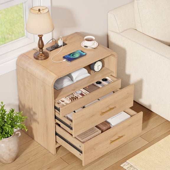 Whalefall Nightstand with 3 Drawers, Mid Century Modern End Table with Open Shelf and Hidden Drawer, Wood Curved Bedside Table for Bedroom, Light Oak