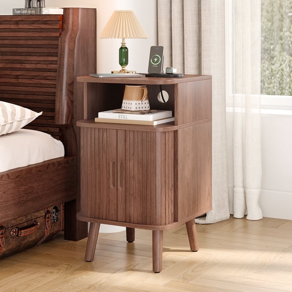 Whalefall Nightstand with Charging Station, End Table with Sliding Doors for Adult’s Bedroom, Walnut