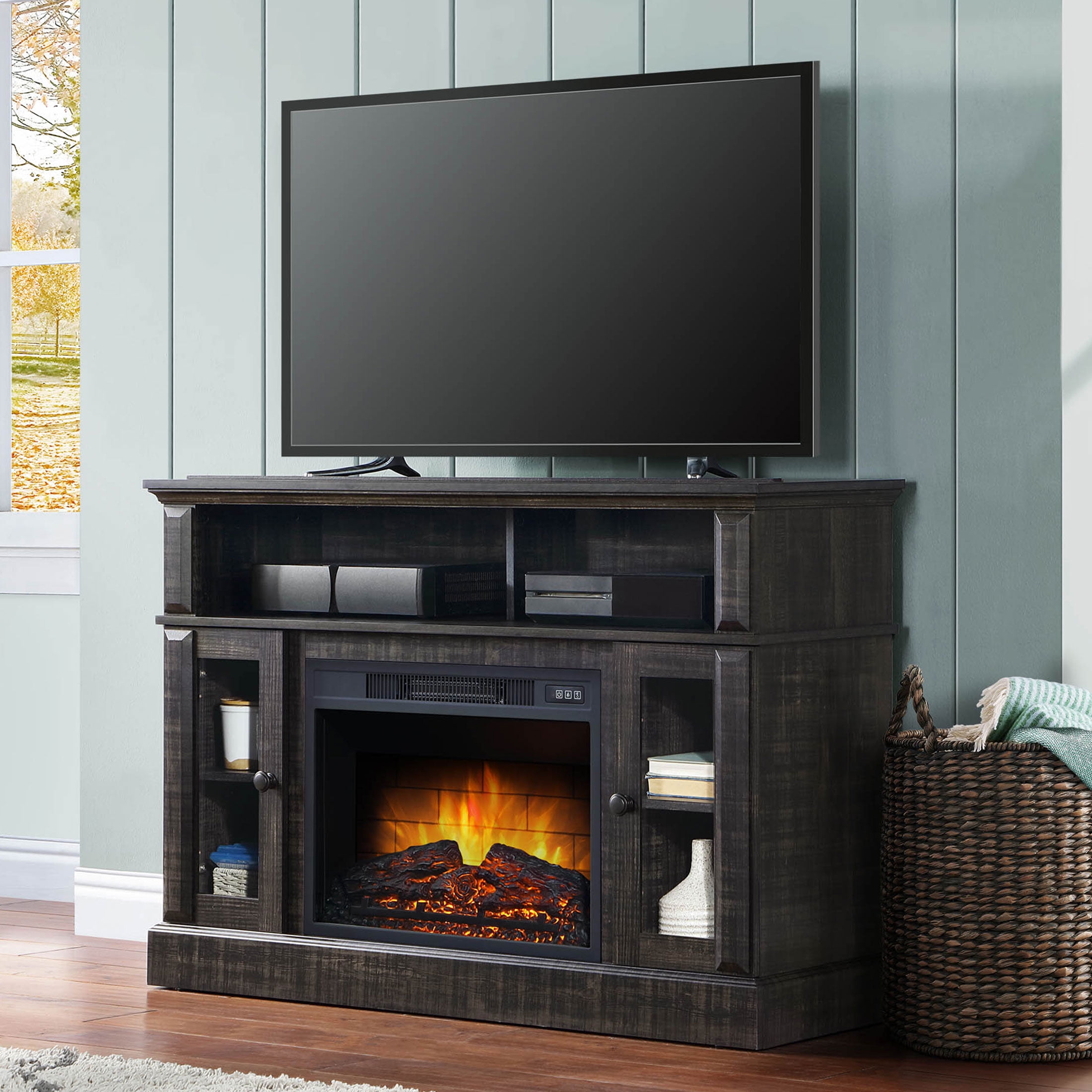 Whalen Barston Media Fireplace TV Stand for TVs up to 55”, Dark Pine