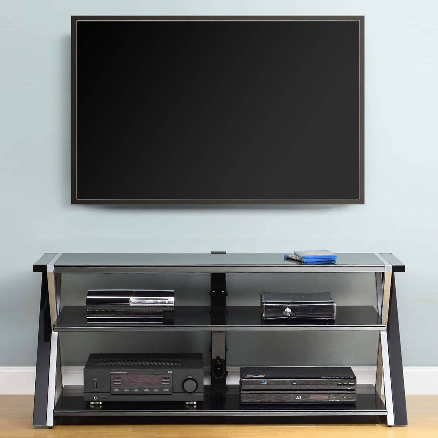Whalen Furniture Black TV Stand for 60" Flat Panel TVs with Tempered Glass Shelves - image 1 of 4