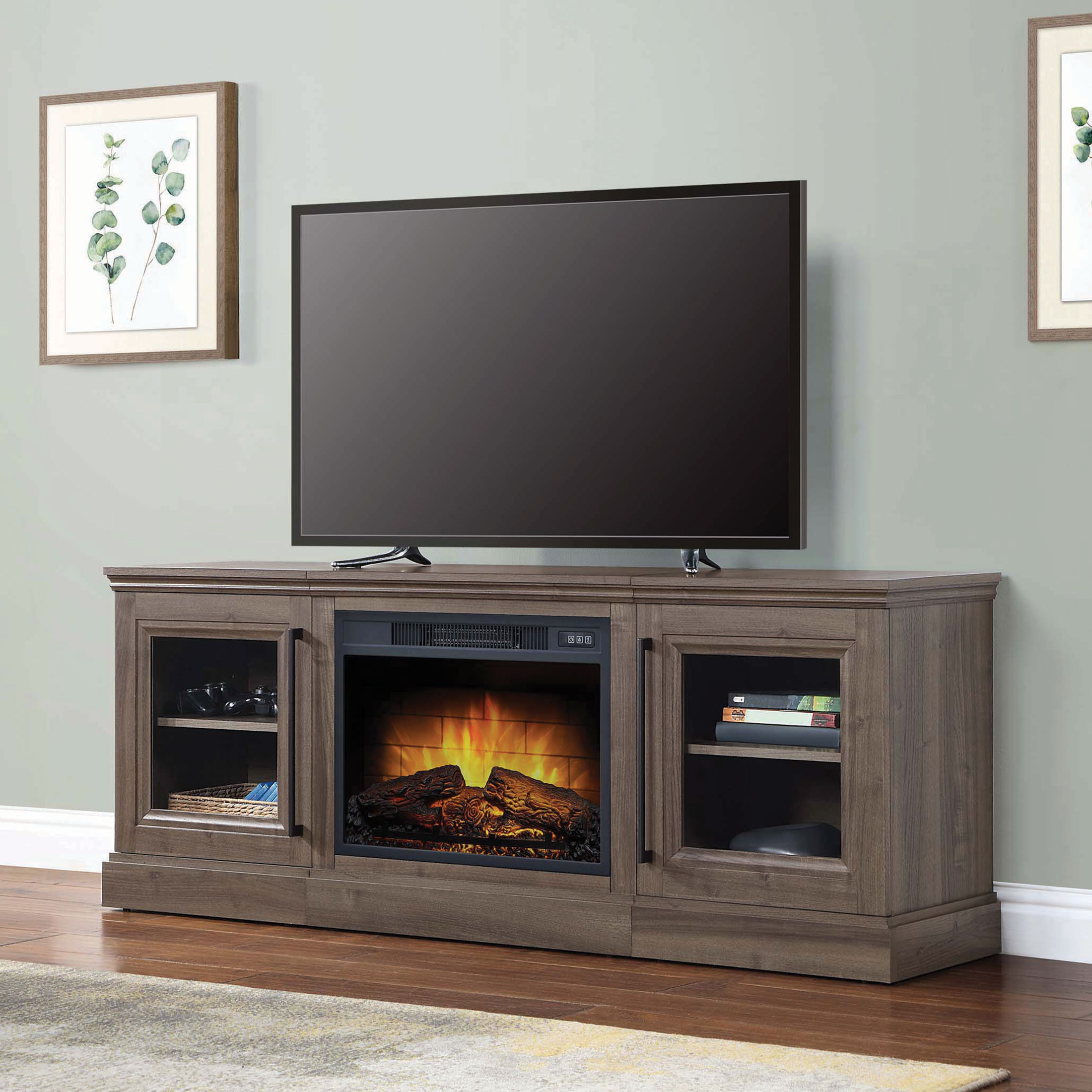 Whalen Furniture Quantum Flame Media Fireplace TV Stand for TV’s up to 75”, Walnut Brown Finish - image 1 of 12