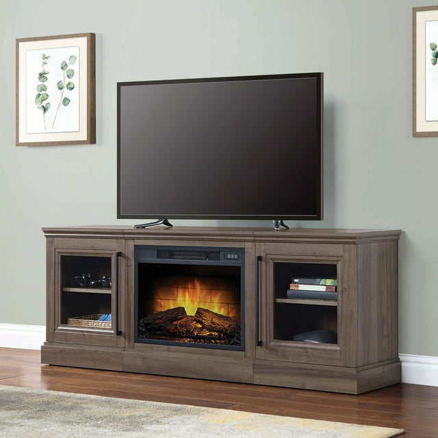 Whalen Furniture Quantum Flame Media Fireplace TV Stand for TV’s up to 75”, Walnut Brown Finish