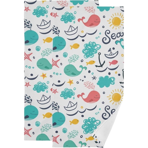 Whales Anchor Summer Hand Towels, Cute Starfish Boat Kitchen Towel Ultra Soft and Absorbent,Decorative Fingertip Face Towel for Bathroom Hotel, 2 PCS, 28.3"x 14.4"