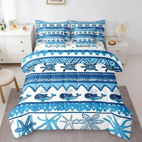Whales Bedding Twin Size 7Pcs Bed in a Bag,Sea Turtles Ocean Fish Microfiber Comforter Set,Starfish Marine Life Teens Bedding Comforter Sets,Blue White Sea Animals Bed Sheets Set