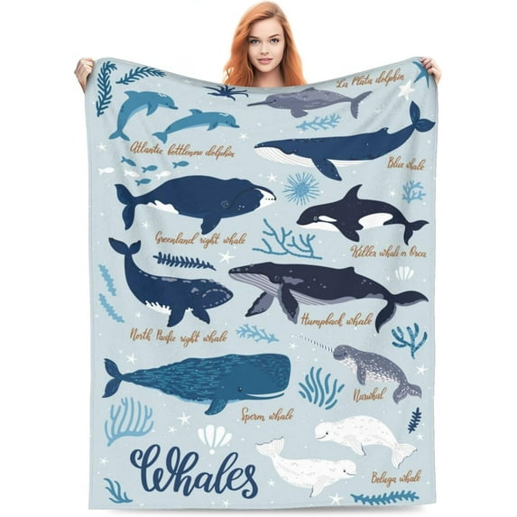 Whales Blanket Ocean Poster Blanket for Women Whales Gifts for Dolphin Lover, Warm Soft Fuzzy Whales Throw Blanket Whales Decor 50" x 40"