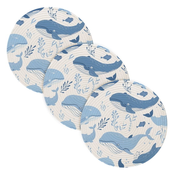 Whales Blue Leaves Trivet Mats Woven Pot Holders 3Pcs Non-Slip Heat Resistant for Hot Pots Pans Pats