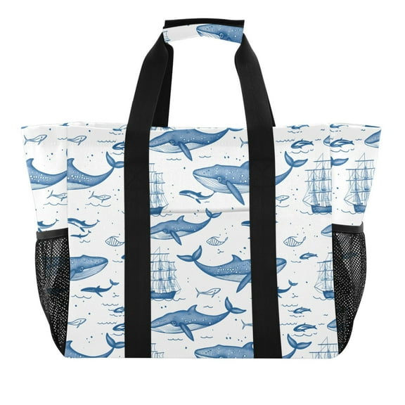 Whales Boats Fish Reusable Grocery Bags with Handle Side Pocket Waterproof Shopping Portable Tote