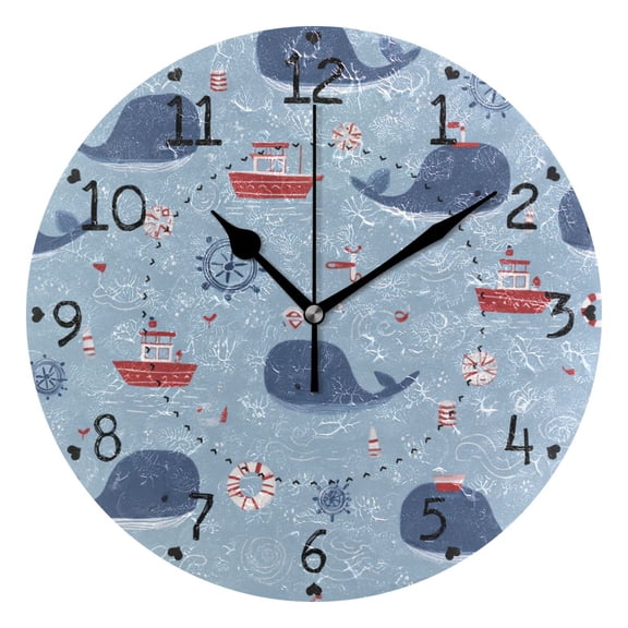 Whales Boats Waves Swimming Circles Round Wall Clock Silent Analog Battery Operated Black Pointer Home Decor 9.84" Diameter