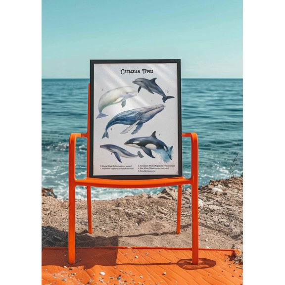 Whales & Dolphins Poster Cetacean Types Educational Poster with Marine Animals Wall Art Print Retro Poster Maritime Wall Decoration Bathroom Poster