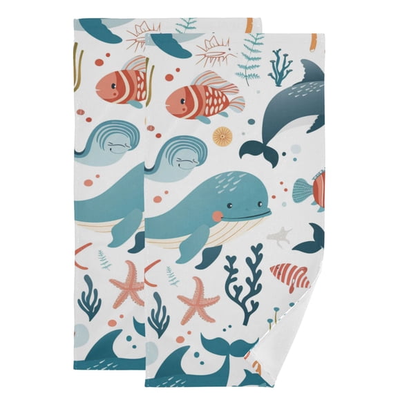 Whales Dolphins Water Plants Hand Towel Absorbent Bath Towels for Bathroom Sports Gym 28" x 14" Set of 2