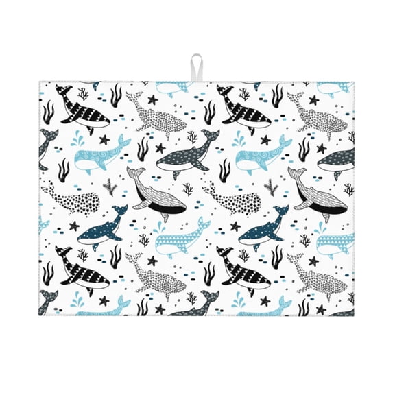 Whales Drying Mat 18” X 24” – Absorbent Microfiber Kitchen Counter Mat For Dishes, Utensils & Produce | Non-Slip, Quick-Dry, Machine Washable