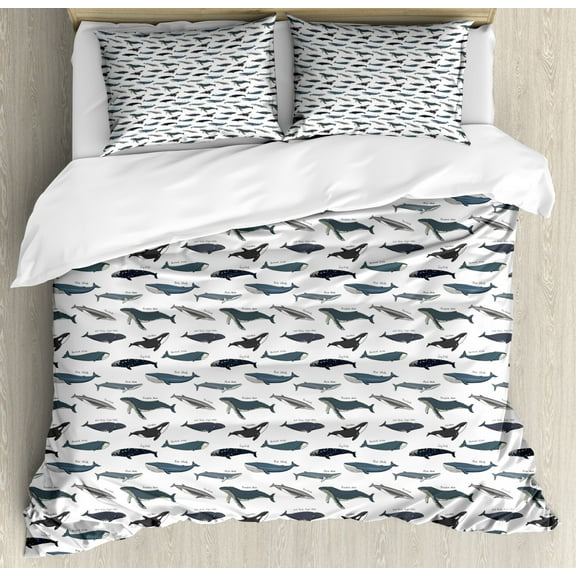 Whales Duvet Cover Set King Size, North Pacific Killer Bowhead Humpback Minke Whale Swimming Ocean, Decorative 3 Piece Bedding Set with 2 Pillow Shams, Slate Blue Purpleblue White, by Ambesonne