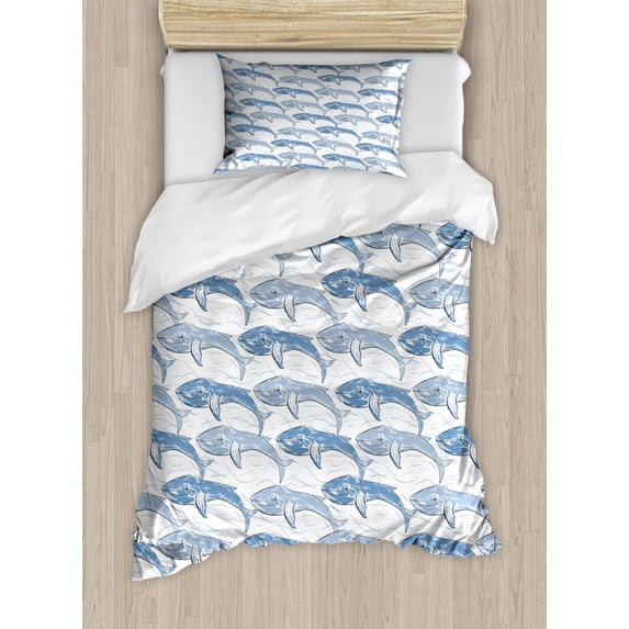 Whales Duvet Cover Set Twin Size, Bicolor Cachalot with Grunge Hand Painting Style Ocean Waves Repetition, Decorative 2 Piece Bedding Set with 1 Pillow Sham, White Pale Ceil Blue, by Ambesonne