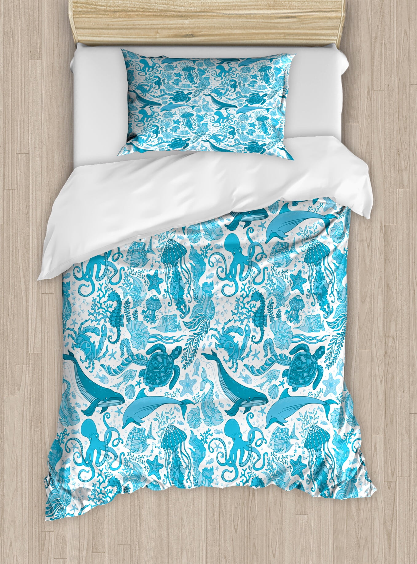 Whales Duvet Cover Set, Underwater Life Aquatic Creatures Algae Ocean