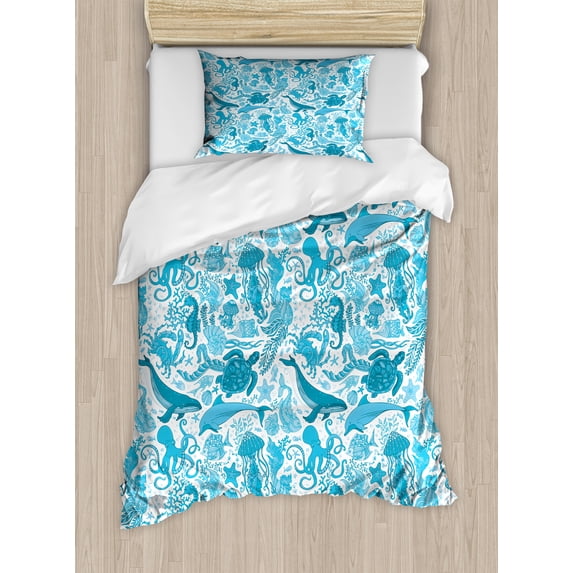 Whales Duvet Cover Set, Underwater Life Aquatic Creatures Algae Ocean Fauna Seahorse Octopus Print, Decorative 2 Piece Bedding Set with 1 Pillow Shams, Twin Size, Sea Blue Sky Blue, by Ambesonne