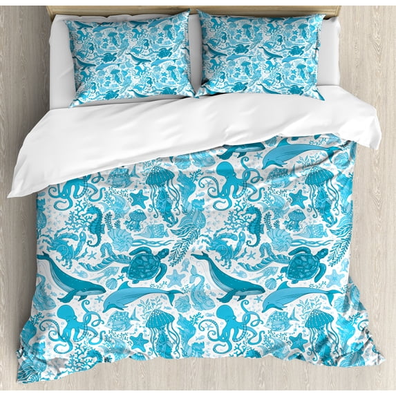 Whales Duvet Cover Set, Underwater Life Aquatic Creatures Algae Ocean Fauna Seahorse Octopus Print, Decorative 3 Piece Bedding Set with 2 Pillow Shams, Queen Size, Sea Blue Sky Blue, by Ambesonne