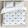 thumbnail image 1 of Whales Duvet Cover Set, Waves Underwater Fish Big Mammal Motifs Pattern on Plain Backdrop, Decorative 3 Piece Bedding Set with 2 Pillow Shams, Queen Size, White and Dark Ceil Blue, by Ambesonne, 1 of 3