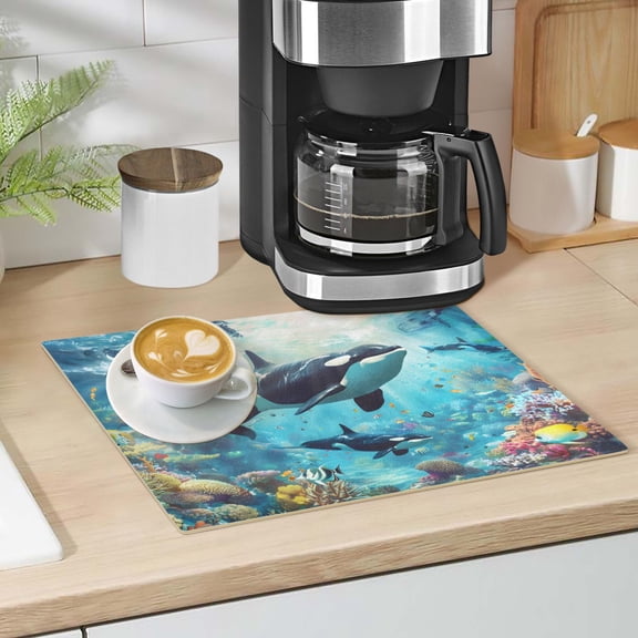 Whales Fishes Corals Dish Drying Mat 12"x18" Kitchen Counter Dish Pad Microfiber Absorbent Drainer Rack for Coffee Bar