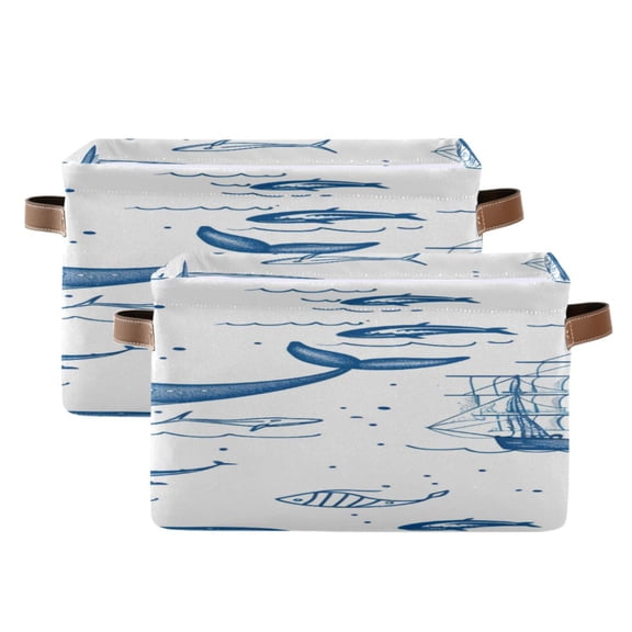 Whales Fishes Waves Boats Square Storage Bins with Handles Collapsible Containing Box 2 Packs