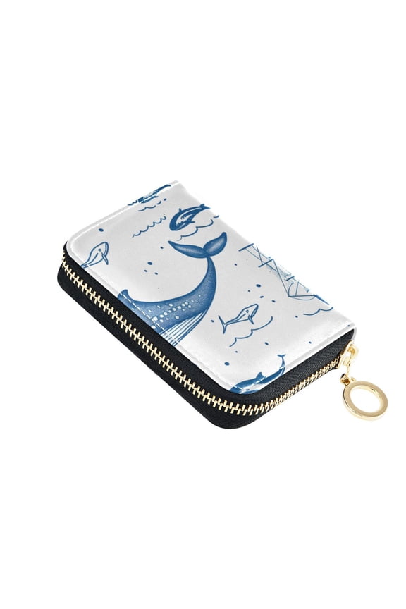 Whales Fishes Waves Boats Women's Credit Card Holder PU Leather Zipper Wallet RFID Blocking