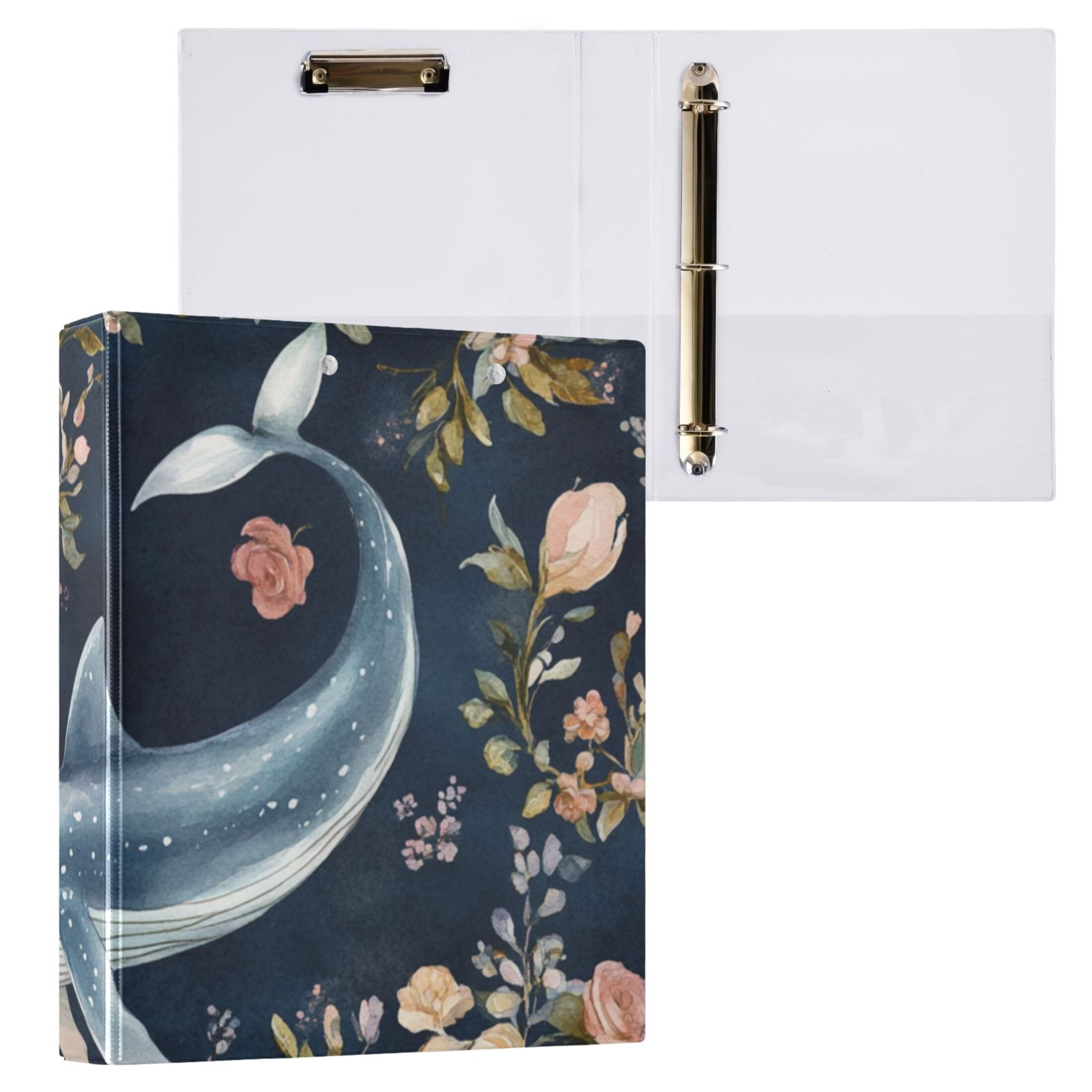 Whales Floral Roses 3 Ring Binders 1.5 inch Hardcover File Folders with Interior Pockets A4 Size Organizer for School Office Hospital