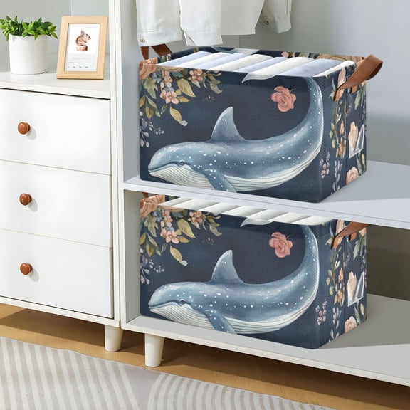 Whales Floral Roses Foldable Storage Large Fabric Storage Baskets Organizer Storage Bins with Handles for Shelves