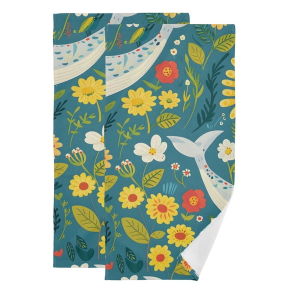 Whales Flowers and Leaves Hand Towel Absorbent Bath Towels for Bathroom Sports Gym 28" x 14" Set of 2