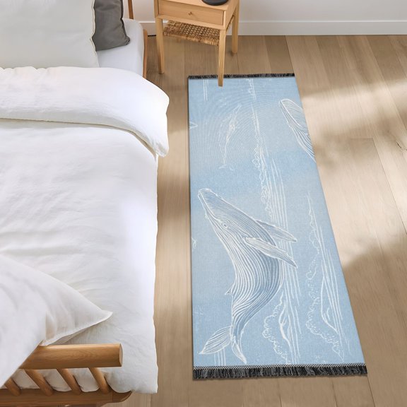 Whales Jumping Clouds Hand Painted Bedside Runner Rug 2'x 6' Non Slip Carpet Floor Mat Area Rug