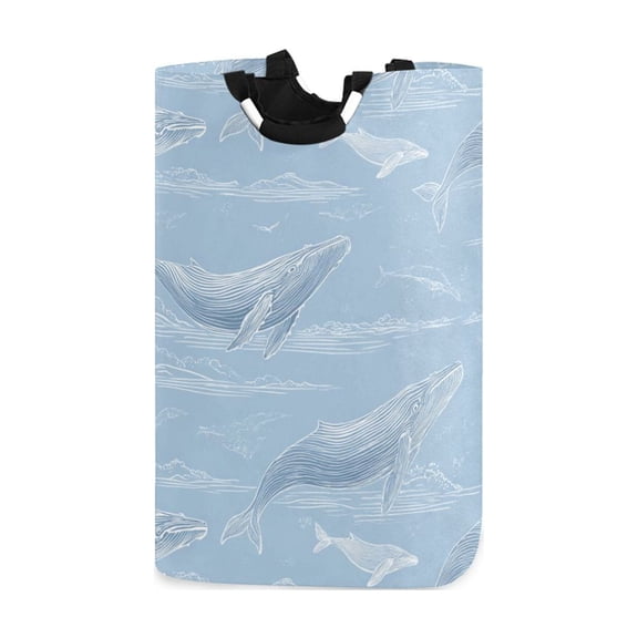 Whales Jumping Clouds Hand Painted Laundry Basket with Handles Foldable Laundry Hamper Freestanding Washing Bin 50L