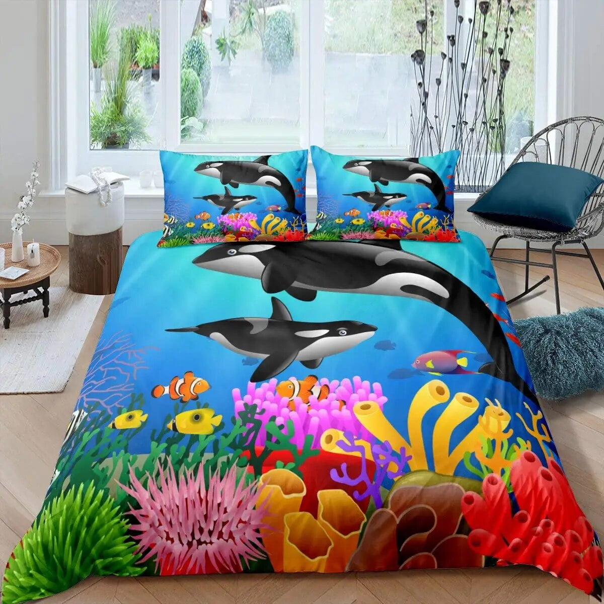 Whales King Duvet Cover Ocean Animal Bedding Set Seaweed StarMarine