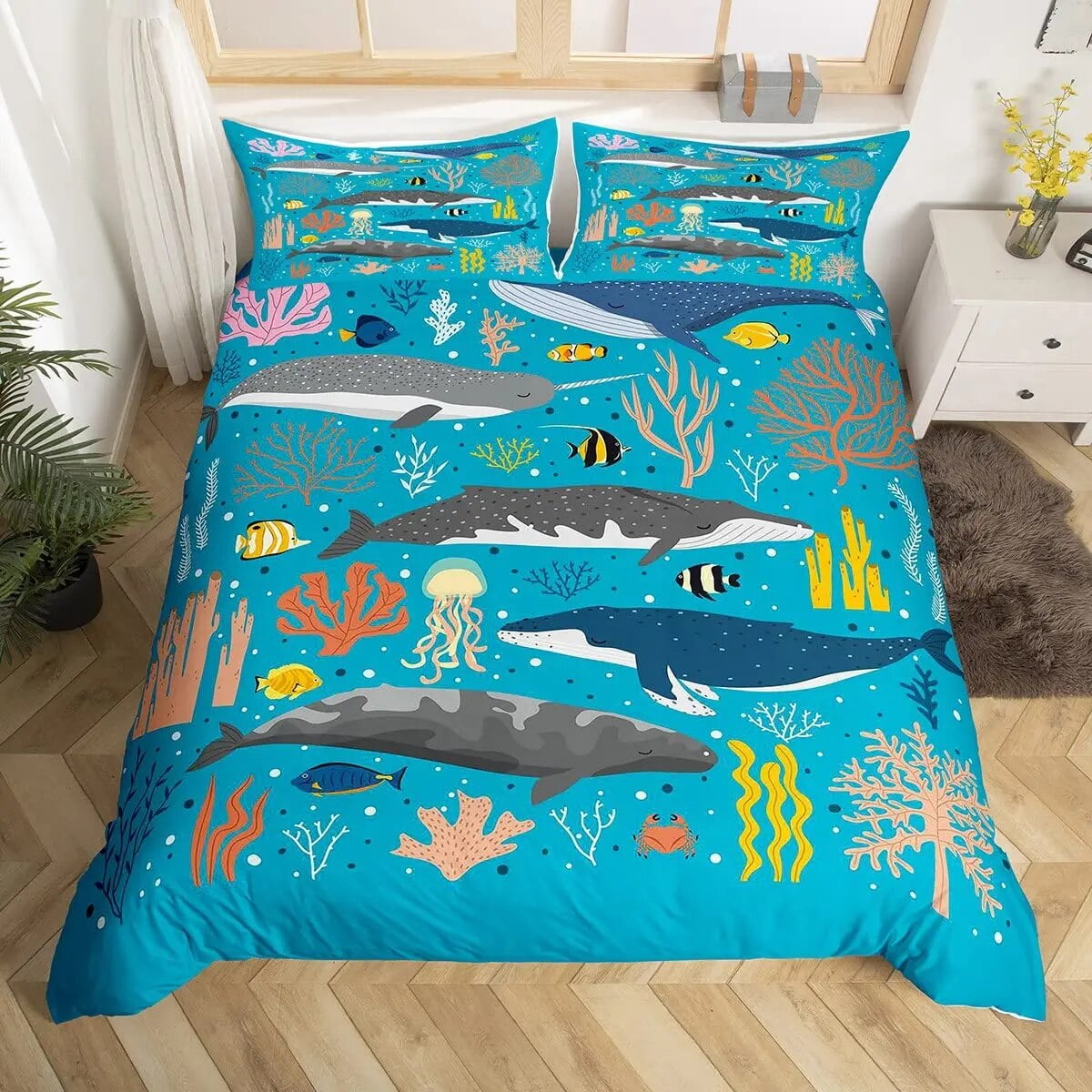 Whales King Duvet Cover Ocean Animal Bedding Set Seaweed StarMarine