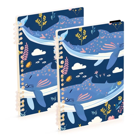 Whales Leaves Ring Binder Notebook Journey Note Diary College Ruled Spiral Notebook Study Loose Leaf Paper A5 60 Pages