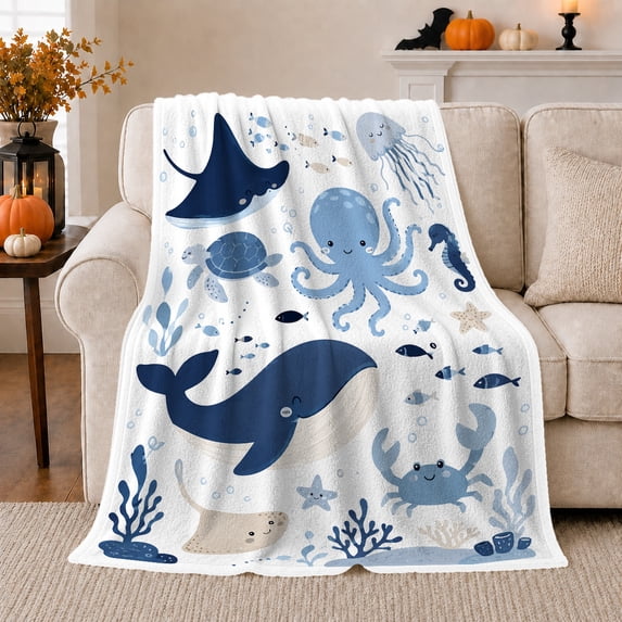 Whales with Octopus and Sea Animals on White, Playful Coastal Style for Ocean Lovers, Blue Marine Pattern and Baby Shower Gift, Cozy Flannel Blanket for Nursery and Playroom, Home Decor