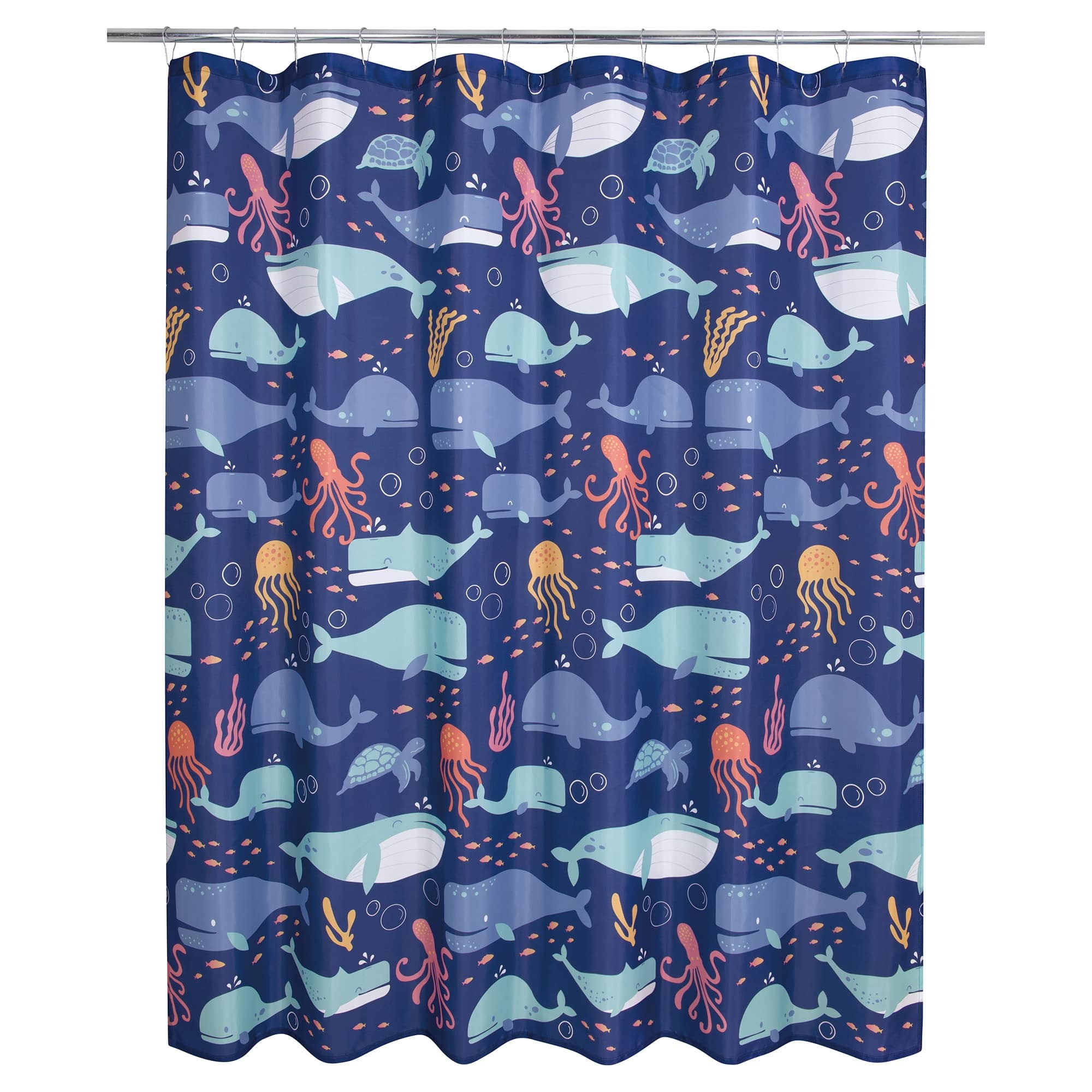 Blue Multi Whales Polyester Fabric Kids' Shower Curtain
