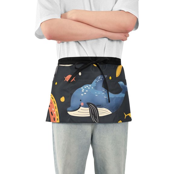 Whales Rainbows Hand Drawn Short Server Apron with 3 Pockets for Unisex Chef Gardening