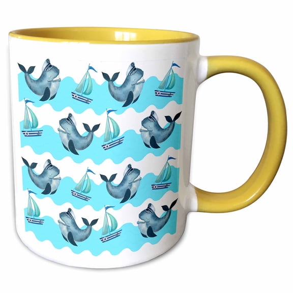 3drose, Whales, Seaboats, Wavy Rows, Blue, Aqua, Nautical, Pattern, 15oz Two-tone Yellow Mug