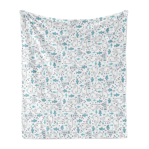 Whales Soft Flannel Fleece Blanket, Continuous Marine Themed Pattern with Sharks Little Fish and Submarines, Cozy Plush for Indoor and Outdoor Use, 60" x 80", Indigo White Sea Blue, by Ambesonne