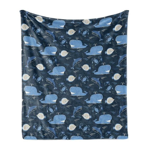 Whales Soft Flannel Fleece Throw Blanket, Repetitive Crabs Waves Flock of Fish Motifs on Dark Tone Background, Cozy Plush for Indoor and Outdoor Use, 60" x 80", Dark Slate Blue Eggshell, by Ambesonne