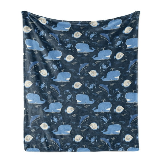 Whales Soft Flannel Fleece Throw Blanket, Repetitive Crabs Waves Flock of Fish Motifs on Dark Tone Background, Cozy Plush for Indoor and Outdoor Use, 70" x 90", Dark Slate Blue Eggshell, by Ambesonne