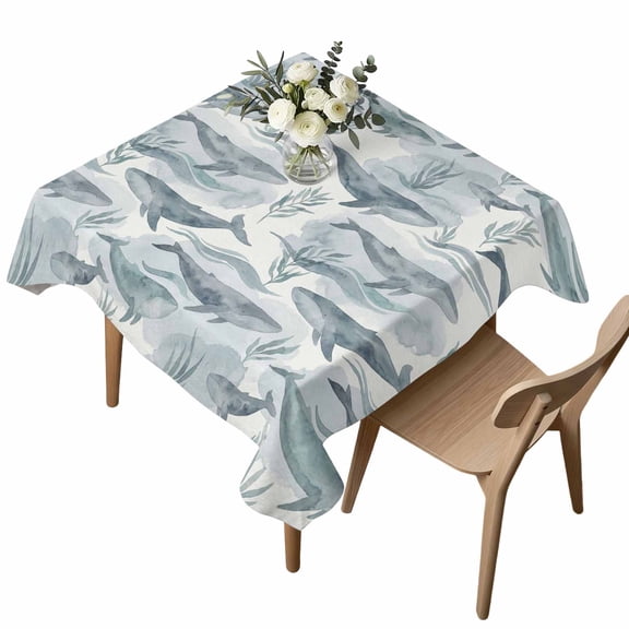 Whales Square Tablecloth Watercolor Gradient Grey Green Whale Seaweed Beige Waterproof Wrinkle Free Soft Table Cloth Spill-Proof Washable Table Cover for Dining Party Picnic 54 x 54 Inch