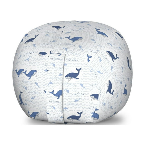 Whales Storage Toy Bag Chair, Waves Underwater Fish Big Mammal Motifs Pattern on Plain Backdrop, Stuffed Animal Organizer Washable Bag, Large Size, White and Dark Ceil Blue, by Ambesonne