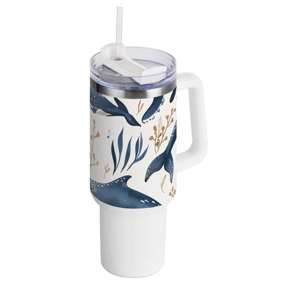 Whales Swim Leaves 40 oz Tumbler with Handle Insulated Travel Mug Lid Straw Leak Proof Steel Vacuum Water Bottles Glasses Fits in Car Cup Holder