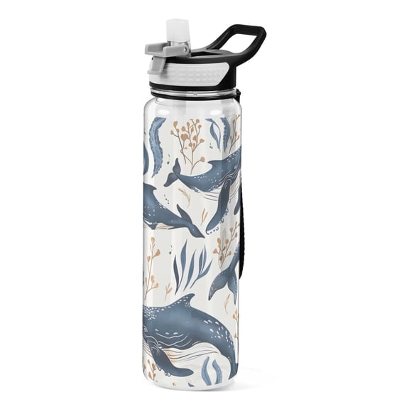 Whales Swim Leaves Sports Water Bottle Portable Travel Mug 32oz BPA Free Leak Proof Straw Transparent Tritan for Gym Yoga Cycling Camping