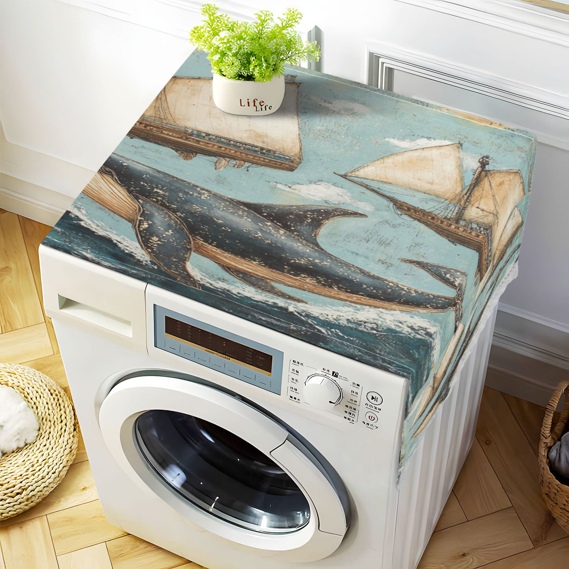 Whales Swim with SailboatsWasher and Dryer Covers Dust-Proof and Oil Resistant Fridge Cover with 4 Storage Pockets Washing Machine Top Cover for Laundry Kitchen Home 51.2 x 22 In