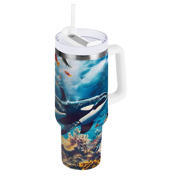 Whales Swimming in Sea Tumbler with Handle and Straw Lid 40 oz Insulated Vacuum Water Bottle Stainless Steel Travel Cup