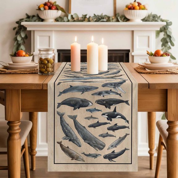 Whales Table Runner, Retro Whales Biographies Linen Texture Cotton Linen Kitchen Table Decoration Washable Dining Tabletop Runners for Home Party Decor 13x36 Inches
